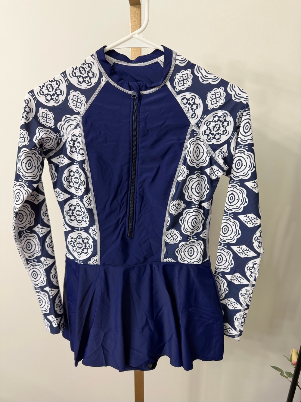 Navy Zip-Front Long Sleeve Swim Dress with White Trim